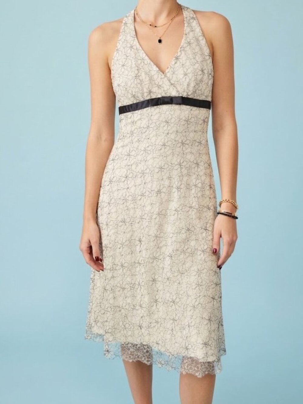 Ivory Lace V‑Neck Halter Mini Dress with Black Waistband